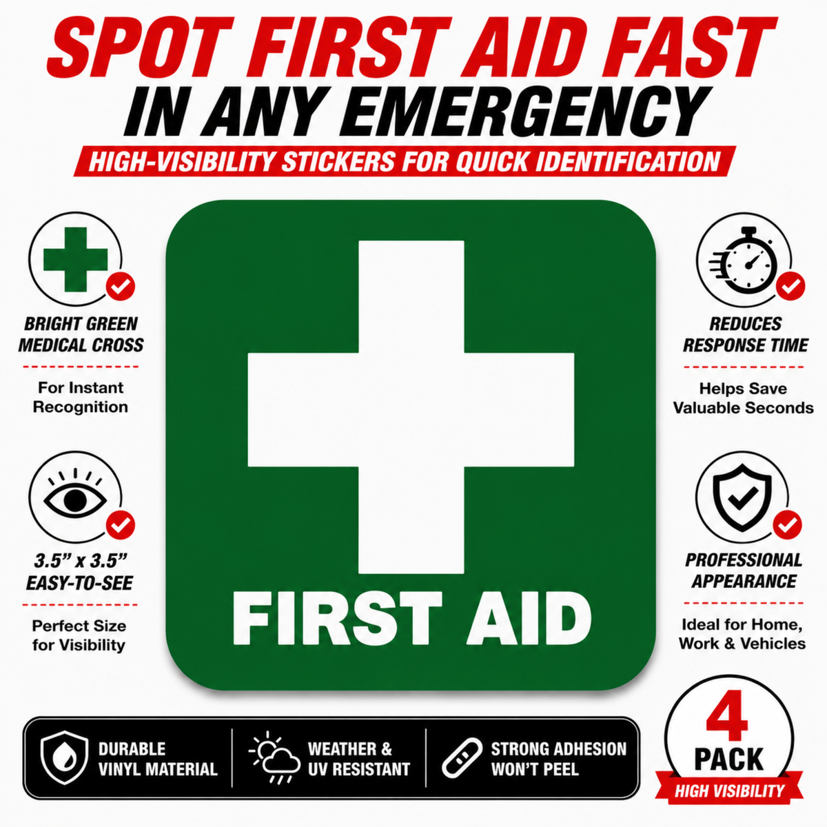 First Aid Stickers Pack of 4 - 3.5"x3.5" - Water Resistant, Green