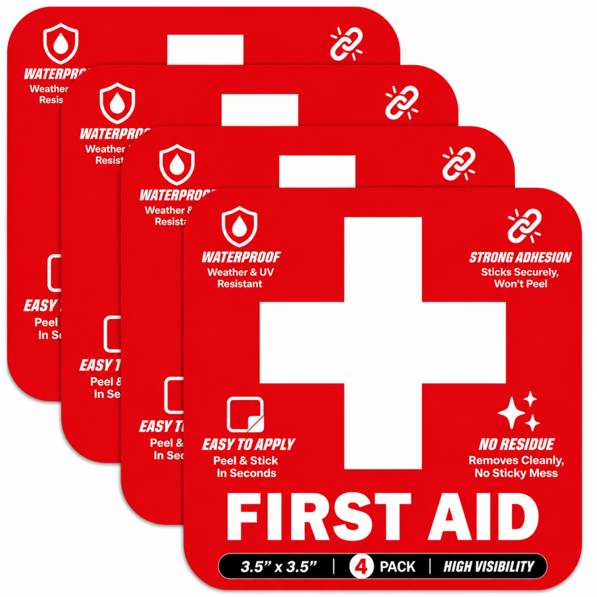First Aid Stickers Pack of 4 - 3.5"x3.5" - Water Resistant, Red