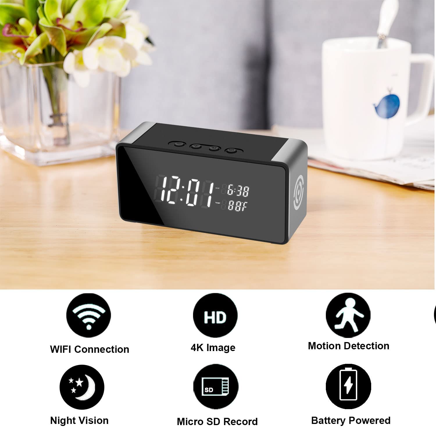 Wi-Fi Alarm Clock Spy Camera — 4K Video, Bluetooth Speaker, Motion Detection