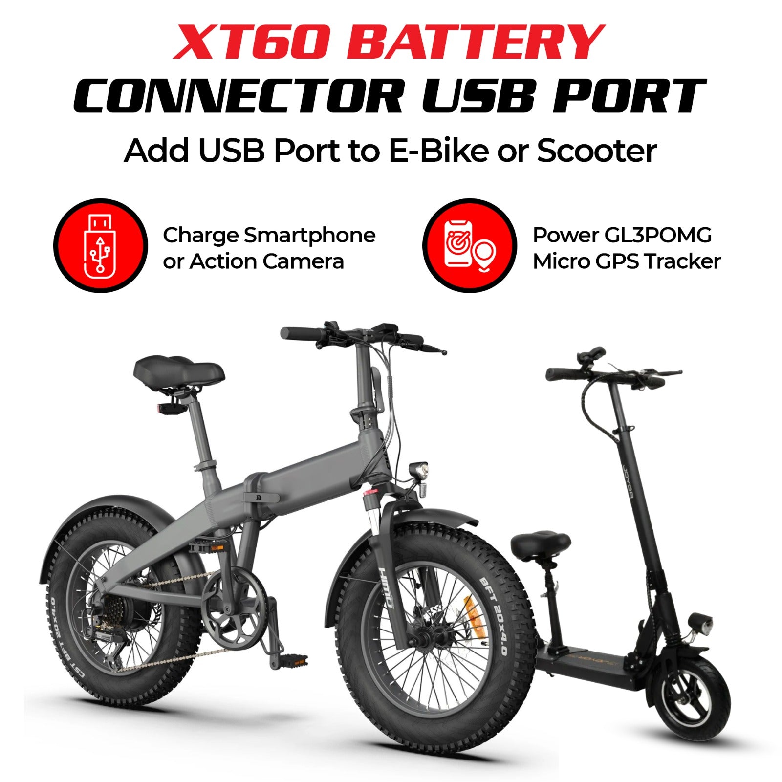 Spy Spot XT60 to USB-A & USB-C Power Adapter – Dual Port Charger for E-Bikes & Scooters | Connects to XT60 Battery for Phone, GPS, Camera Charging