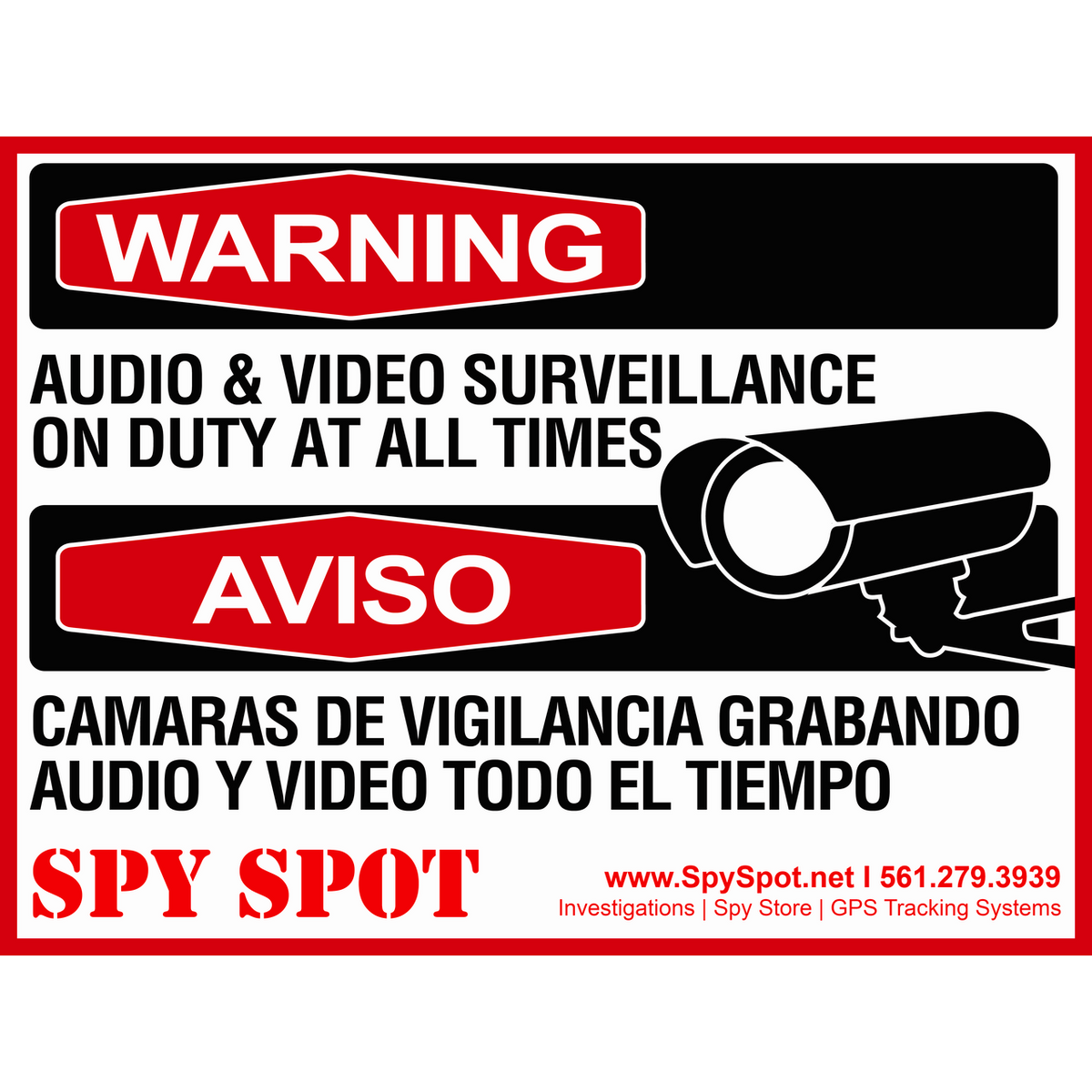 Warning Audio and Video Surveillance on Duty at All Times Plastic CCTV English/Spanish