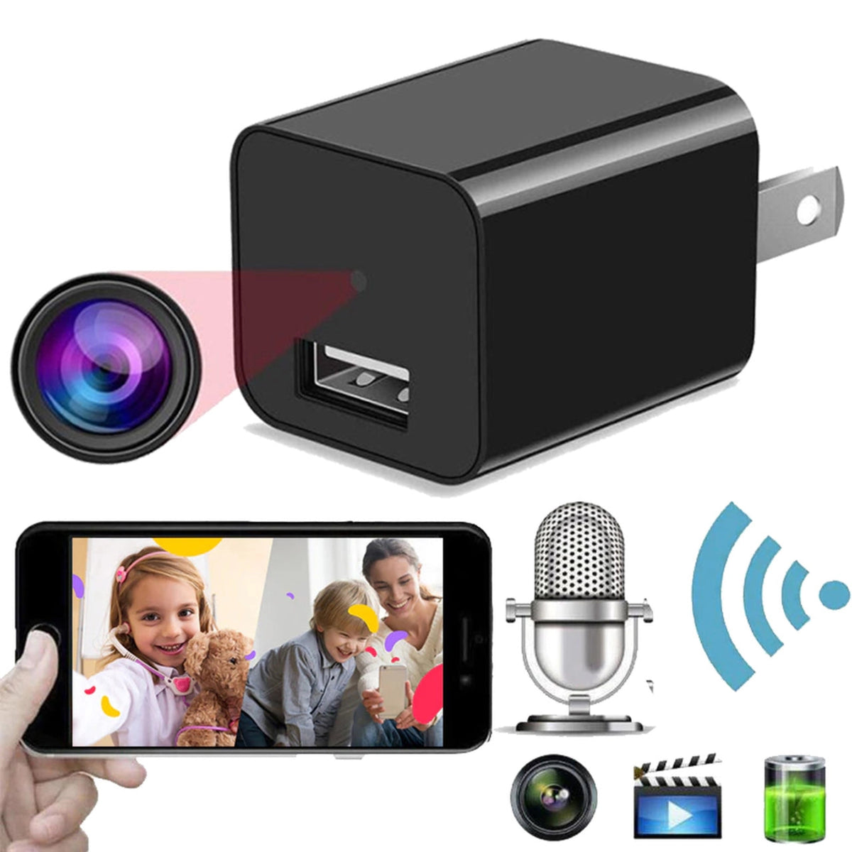 WiFi Hidden Camera USB Wall Charger - 1080P, Motion Alerts