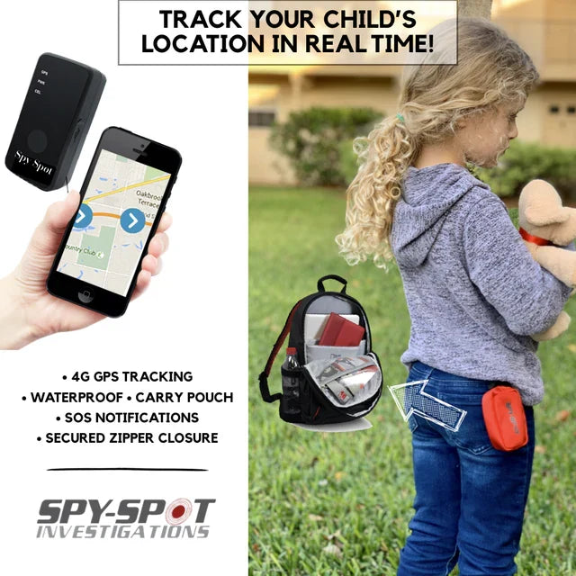 Child wearing a GPS tracker device for real-time location monitoring and family safety
