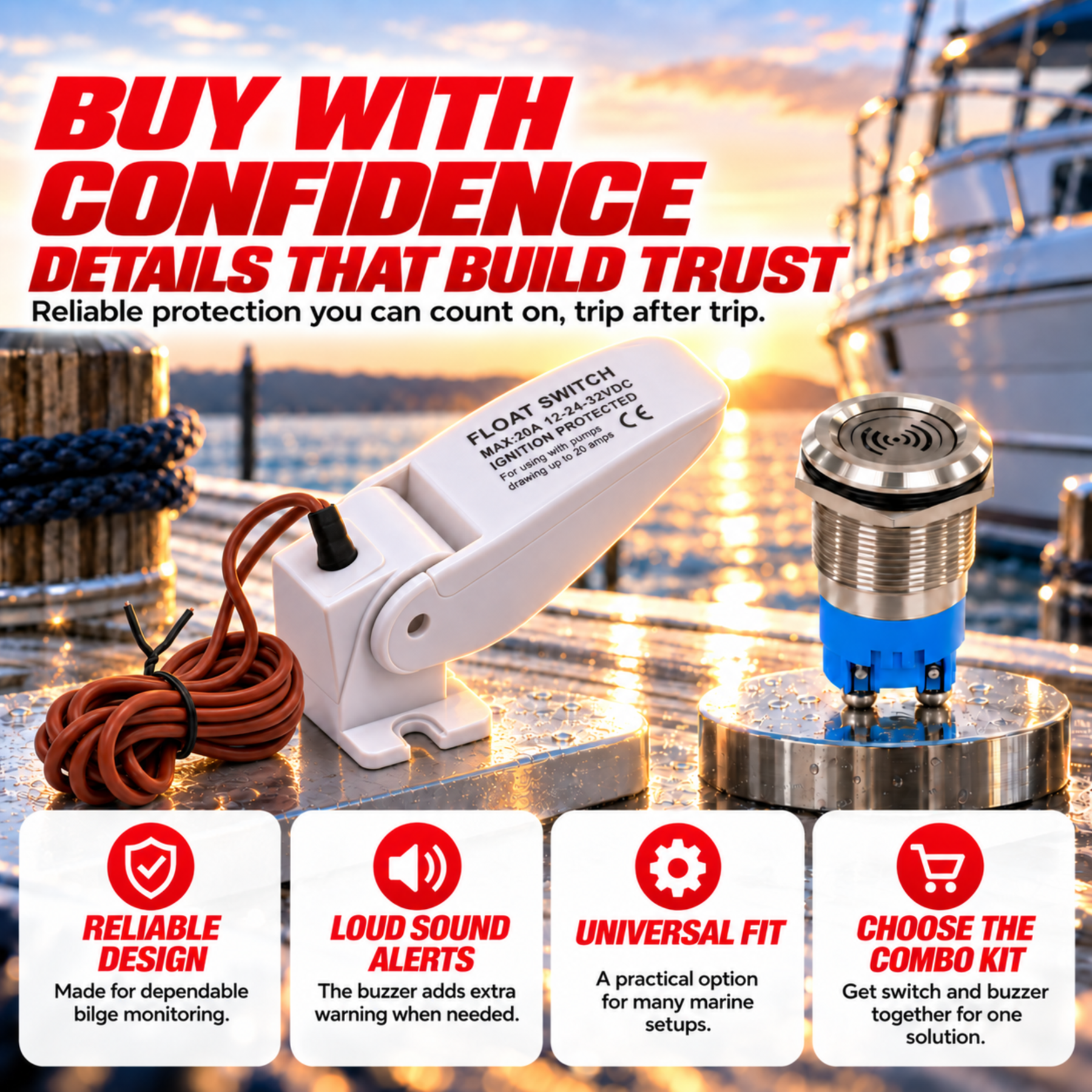 Automatic Float Switch with Buzzer Alarm for Bilge Pump