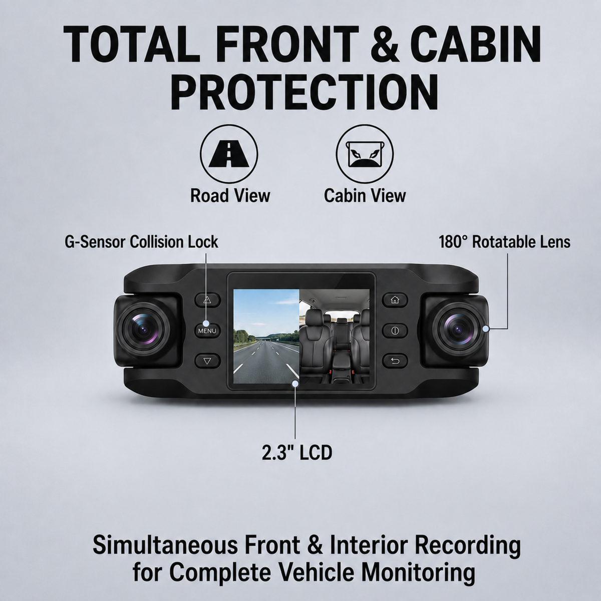 Dual Lens Dash Cam - Front & Interior, G-Sensor, Loop Record