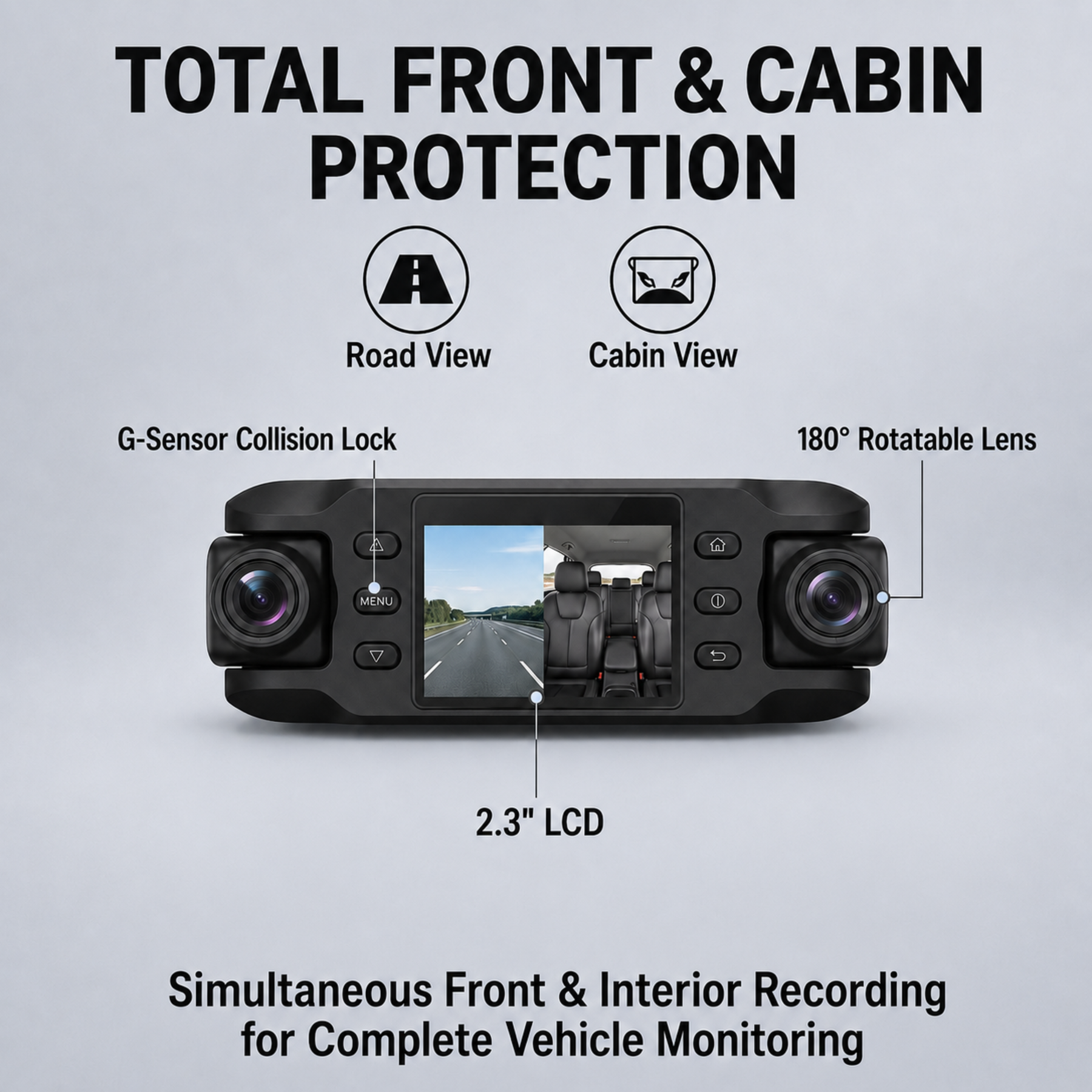Dual Lens Dash Cam - Front & Interior, G-Sensor, Loop Record