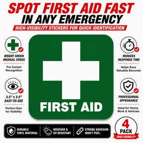 First Aid Stickers Pack of 4 - 3.5"x3.5" - Water Resistant, Green