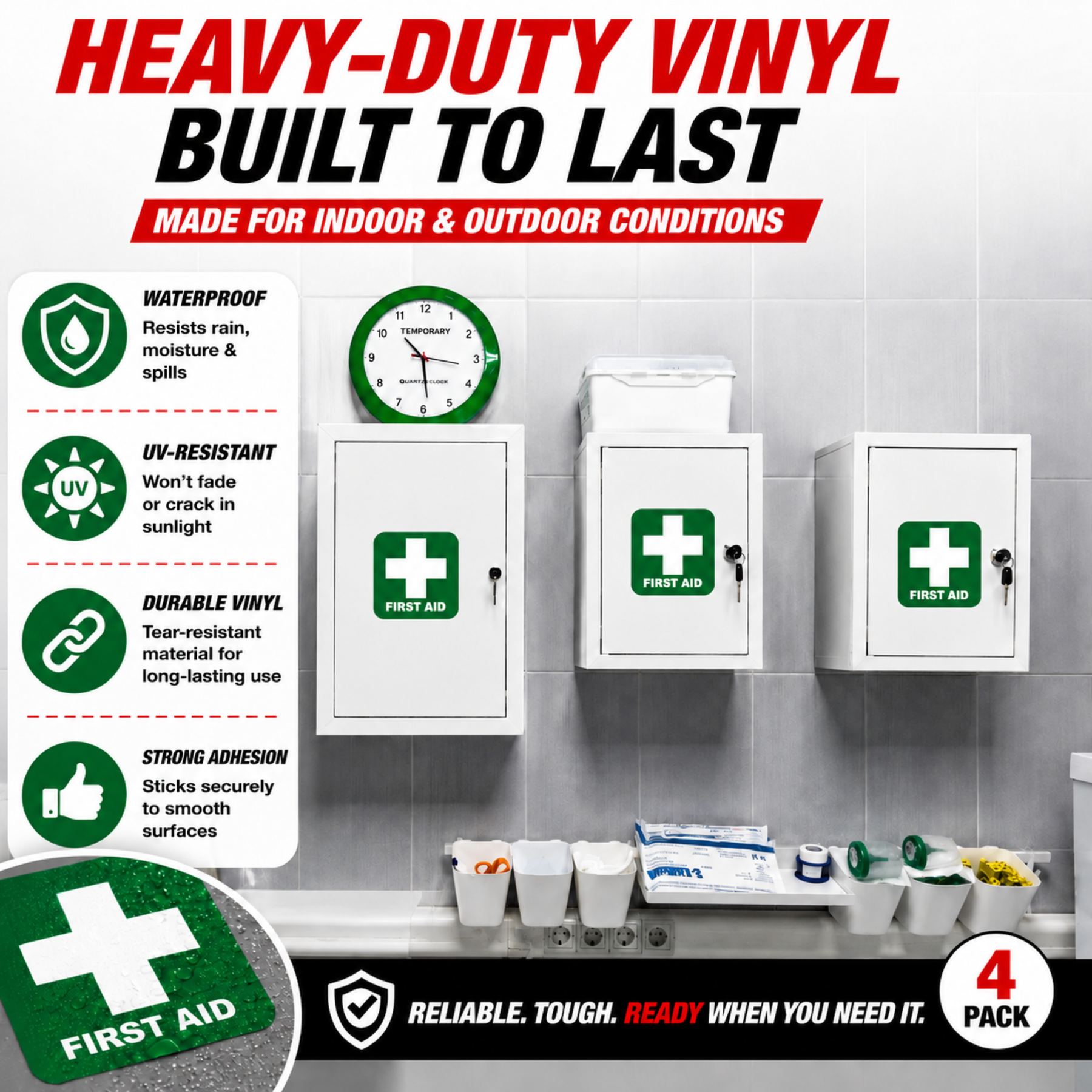 First Aid Stickers Pack of 4 - 3.5"x3.5" - Water Resistant, Green