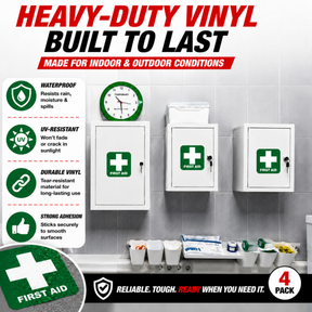 First Aid Stickers Pack of 4 - 3.5"x3.5" - Water Resistant, Green