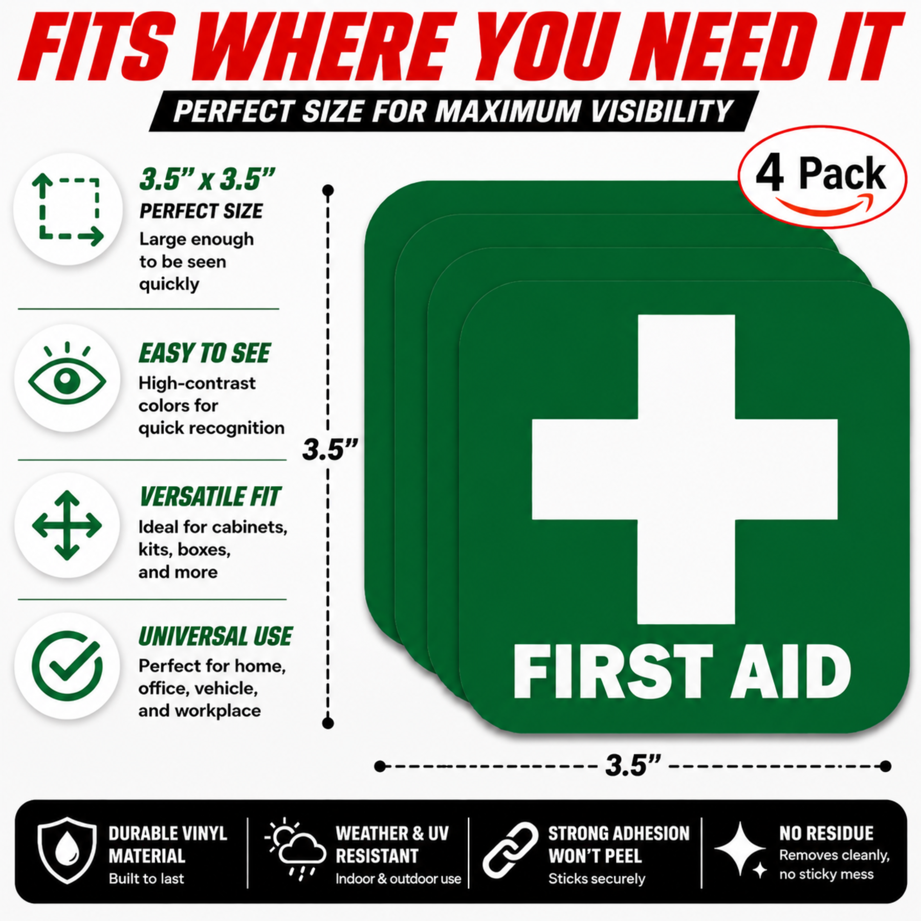 First Aid Stickers Pack of 4 - 3.5"x3.5" - Water Resistant, Green
