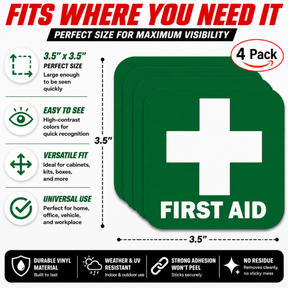 First Aid Stickers Pack of 4 - 3.5"x3.5" - Water Resistant, Green