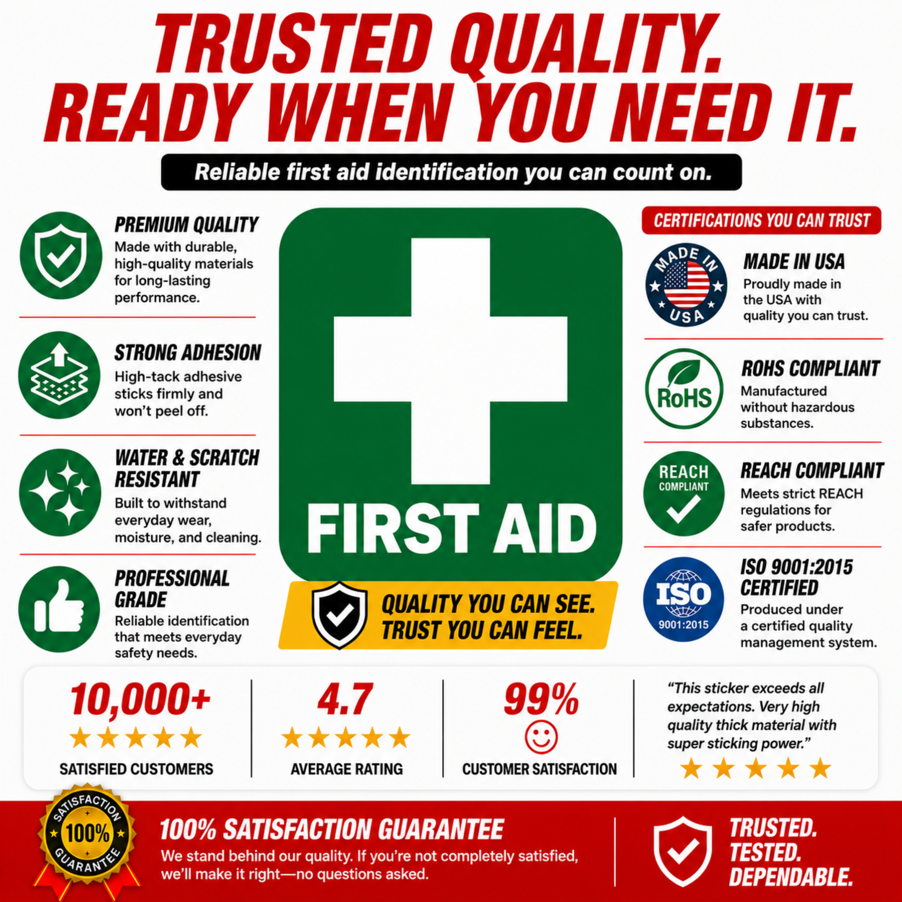 First Aid Stickers Pack of 4 - 3.5"x3.5" - Water Resistant, Green