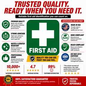 First Aid Stickers Pack of 4 - 3.5"x3.5" - Water Resistant, Green