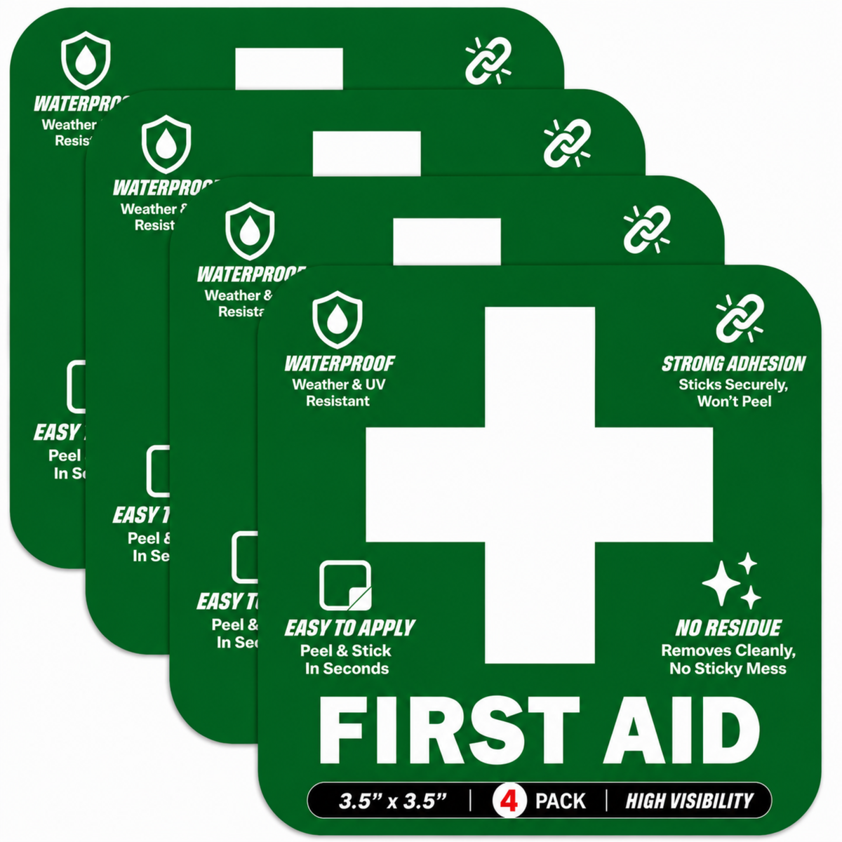 First Aid Stickers Pack of 4 - 3.5"x3.5" - Water Resistant, Green