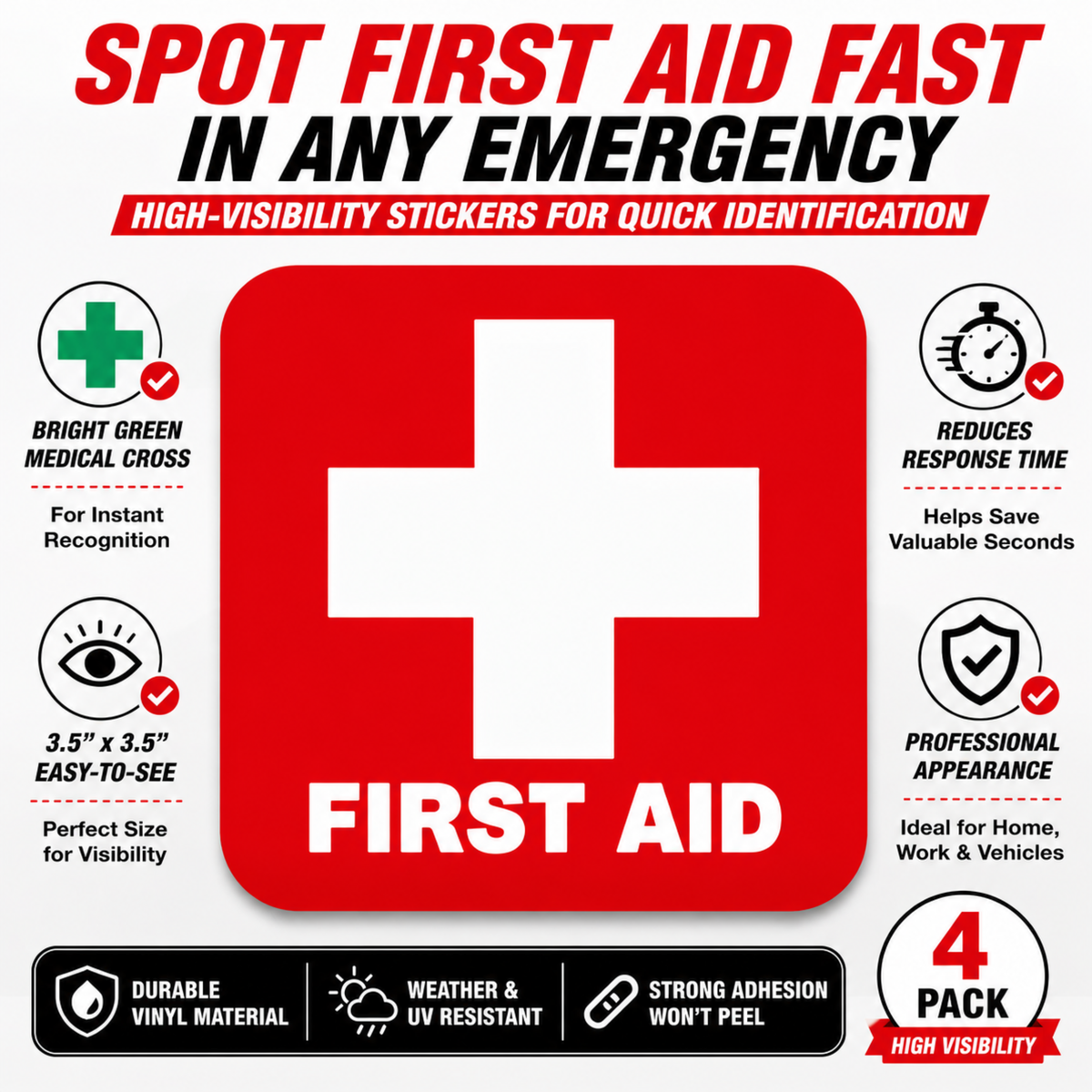 First Aid Stickers Pack of 4 - 3.5"x3.5" - Water Resistant, Red