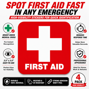 First Aid Stickers Pack of 4 - 3.5"x3.5" - Water Resistant, Red