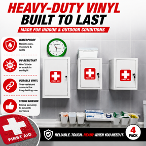 First Aid Stickers Pack of 4 - 3.5"x3.5" - Water Resistant, Red