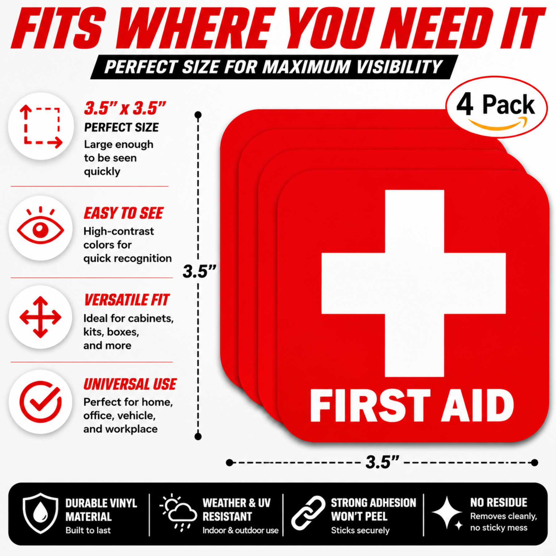 First Aid Stickers Pack of 4 - 3.5"x3.5" - Water Resistant, Red