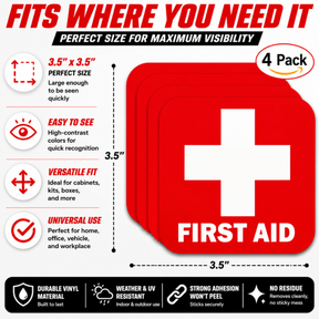 First Aid Stickers Pack of 4 - 3.5"x3.5" - Water Resistant, Red