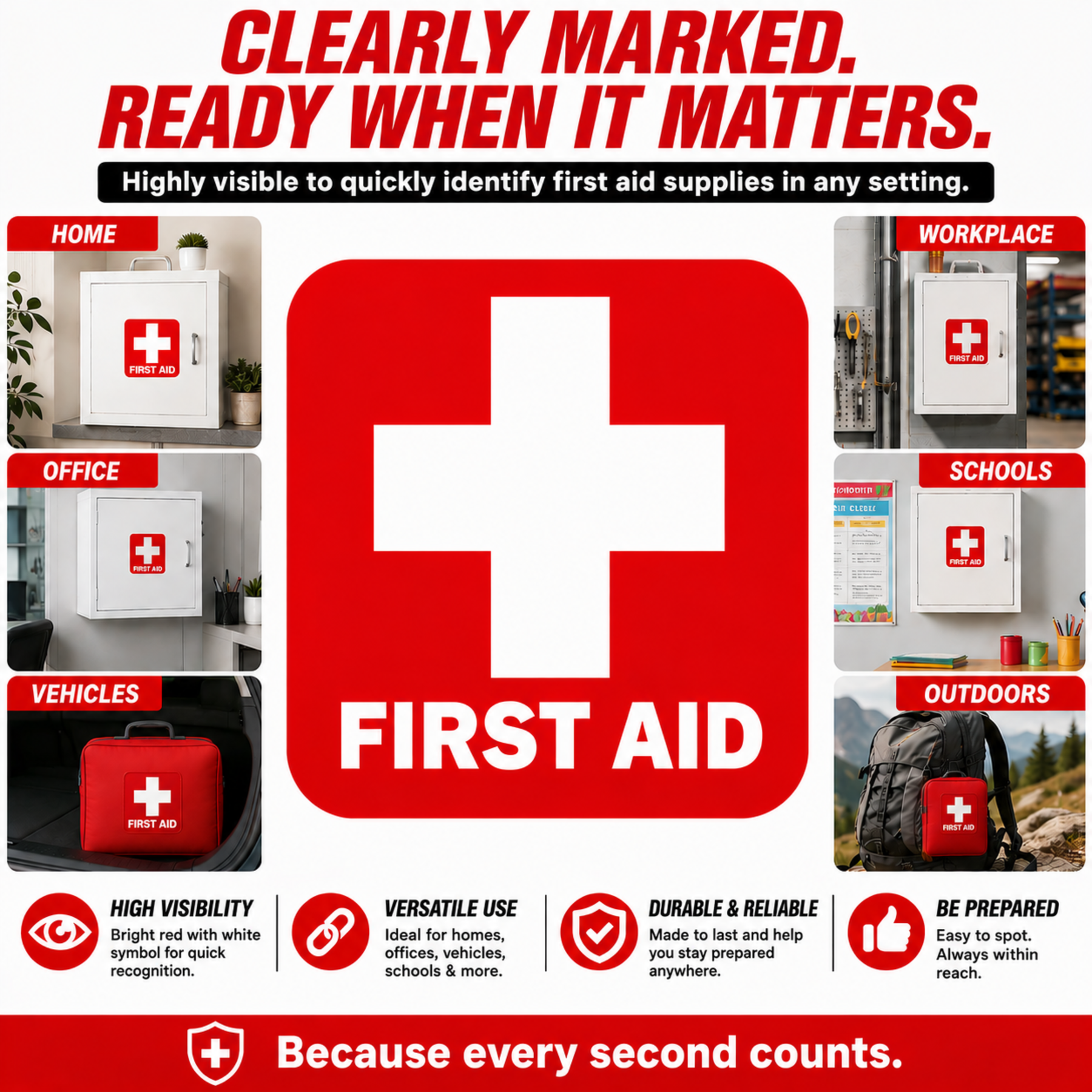 First Aid Stickers Pack of 4 - 3.5"x3.5" - Water Resistant, Red