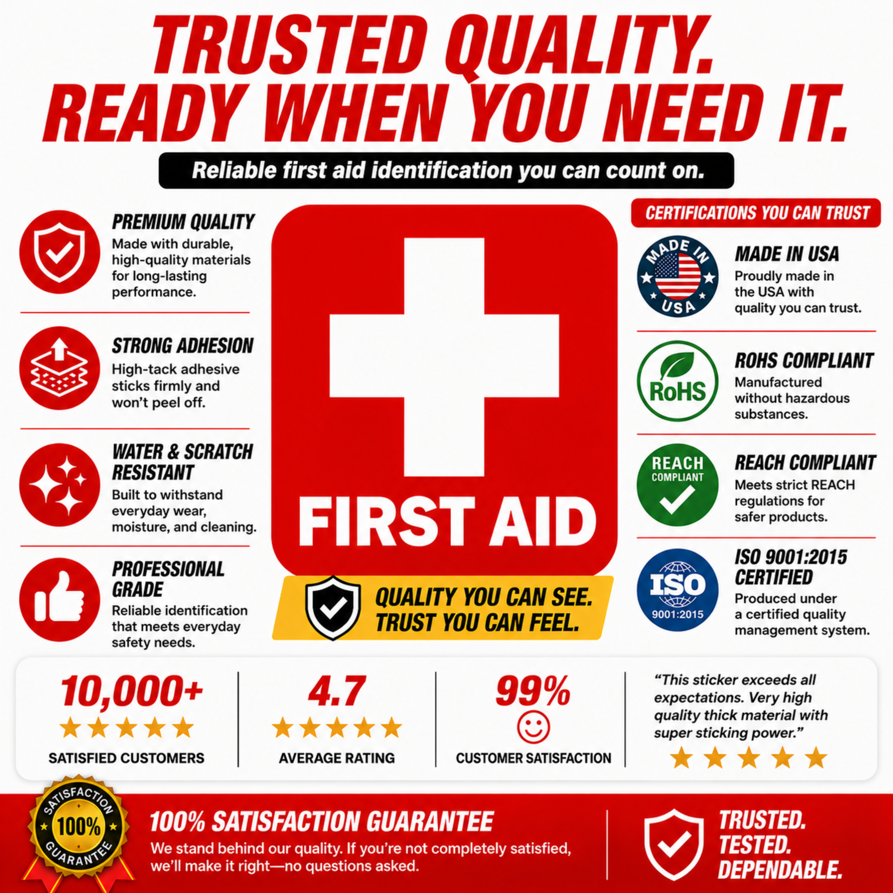 First Aid Stickers Pack of 4 - 3.5"x3.5" - Water Resistant, Red