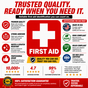 First Aid Stickers Pack of 4 - 3.5"x3.5" - Water Resistant, Red