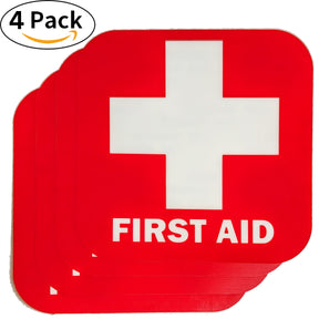 Red First Aid Sticker 4 Pack, 3.5 x 3.5 Inches Self Adhesive First Aid Decal Emergency for Box Package,Water Resistant Heavy Duty for Car Office Business and Indoor Outdoor (4-Pack) Red
