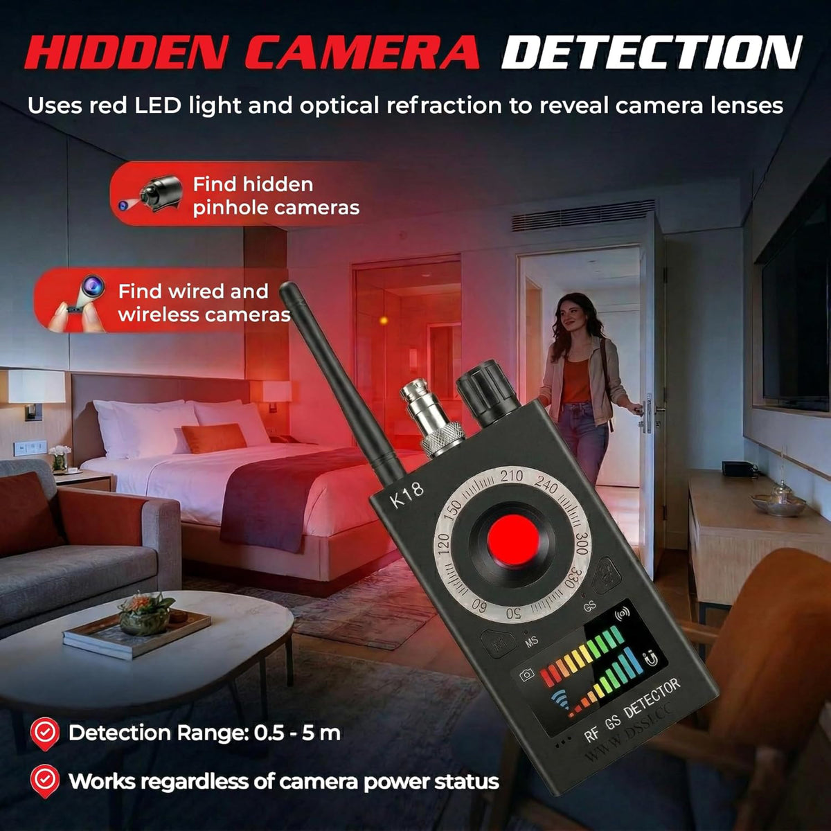 Hidden Camera Detector, RF Bug Detector, Spy Devices Finder, Black