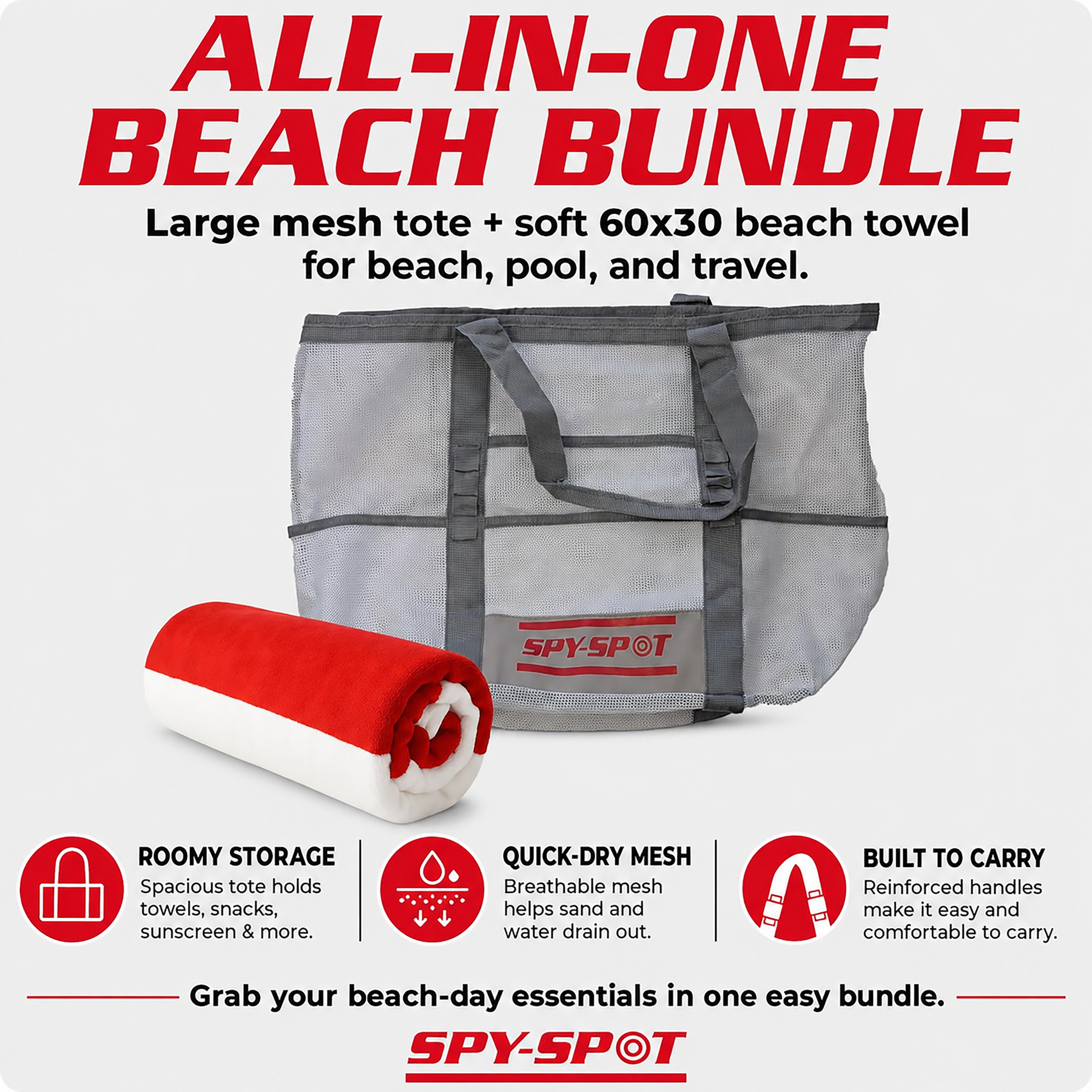 Mesh Tote Bag & Beach Towel Bundle, Quick-Dry, Gray