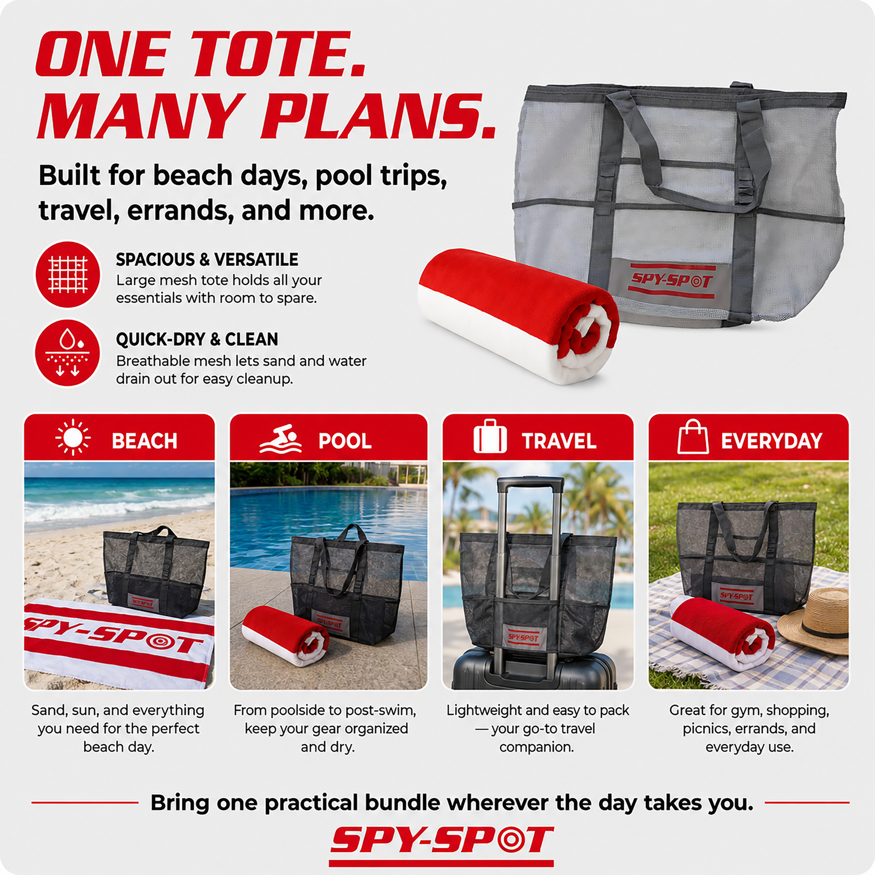 Mesh Tote Bag & Beach Towel Bundle, Quick-Dry, Gray