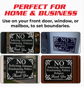 No Soliciting Sign for Front Door, 4"x3" Vinyl Sticker - Pack of 2