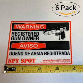 Registered Gun Owner Warning Sticker Decal 6 Pack, Bilingual English Spanish