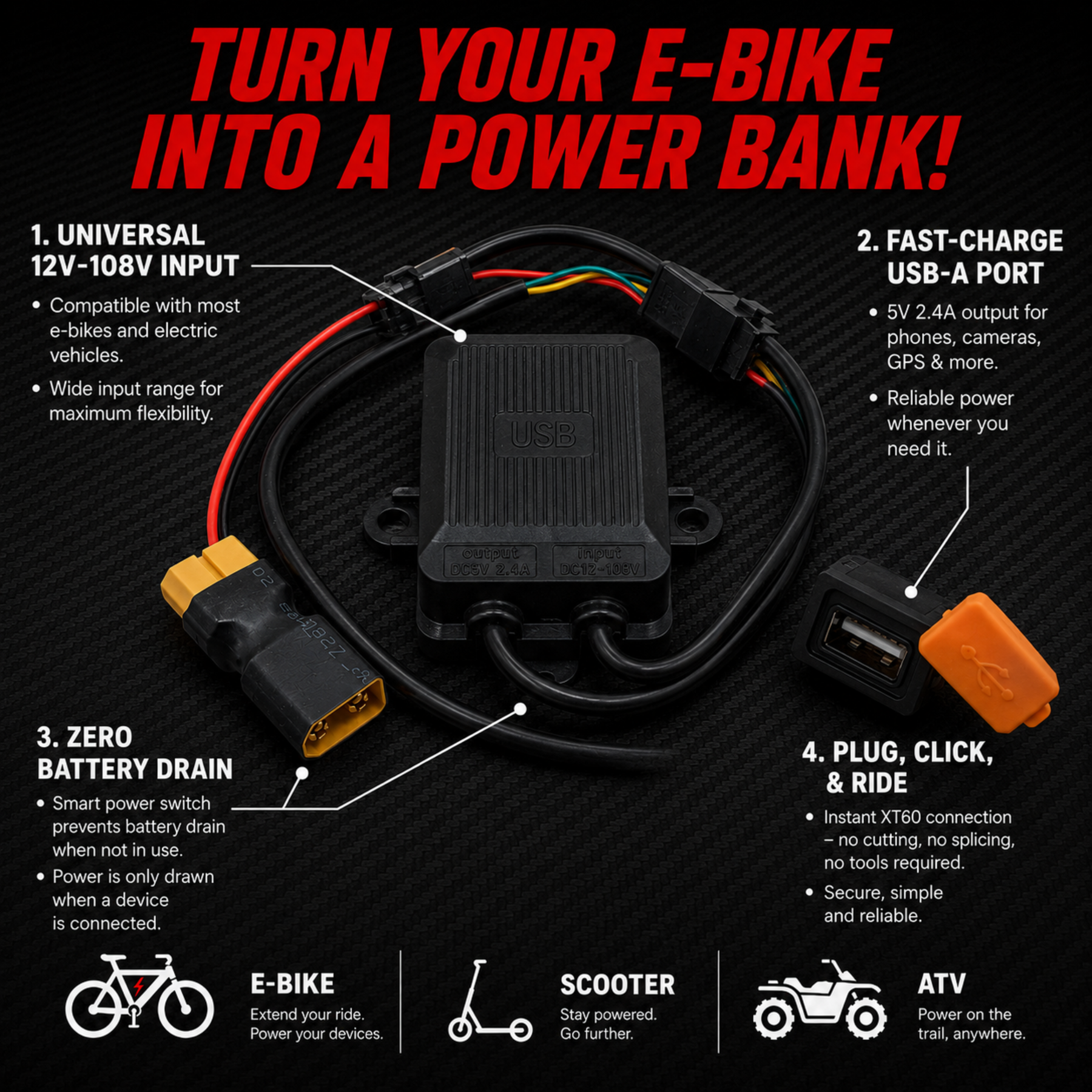 XT60 E-Bike Charging Adapter 12-108V Input USB-A Output 5V/2.4A