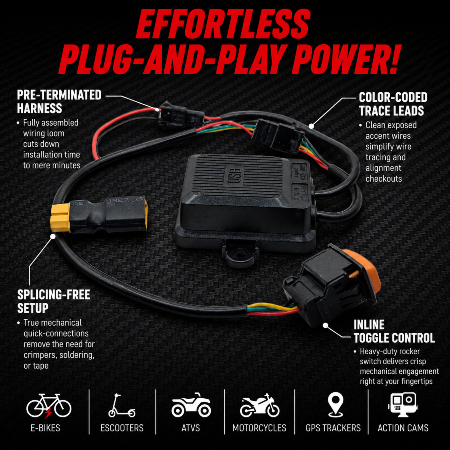 XT60 E-Bike Charging Adapter 12-108V Input USB-A Output 5V/2.4A