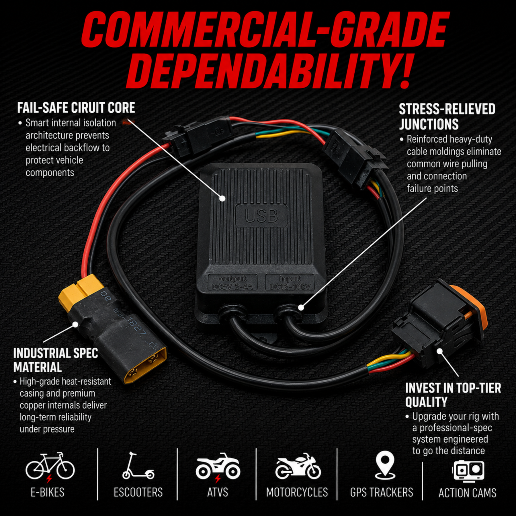 XT60 E-Bike Charging Adapter 12-108V Input USB-A Output 5V/2.4A