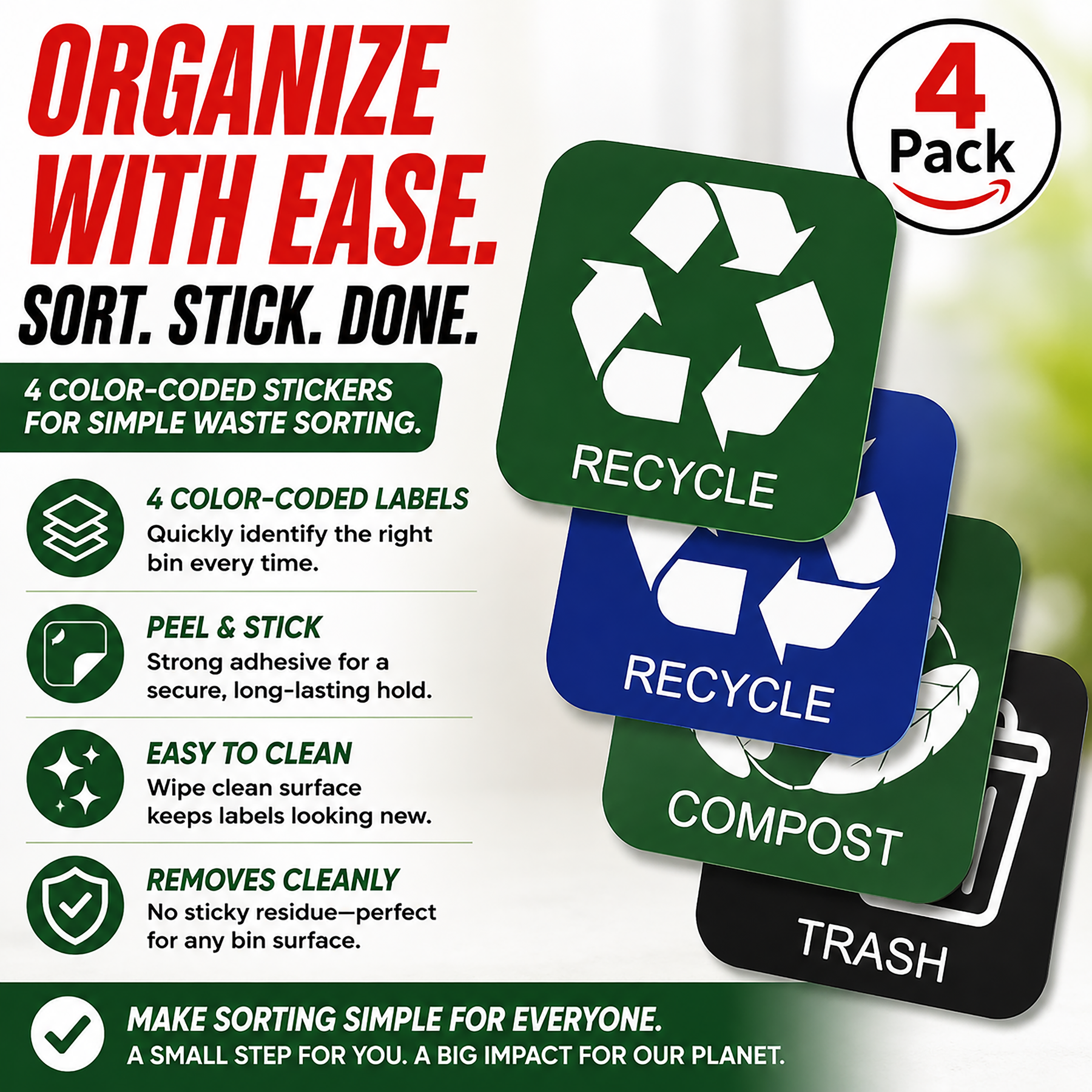 Trash Compost Recycle Vinyl Decal Stickers, 3.5" x 3.5", Pack of 4