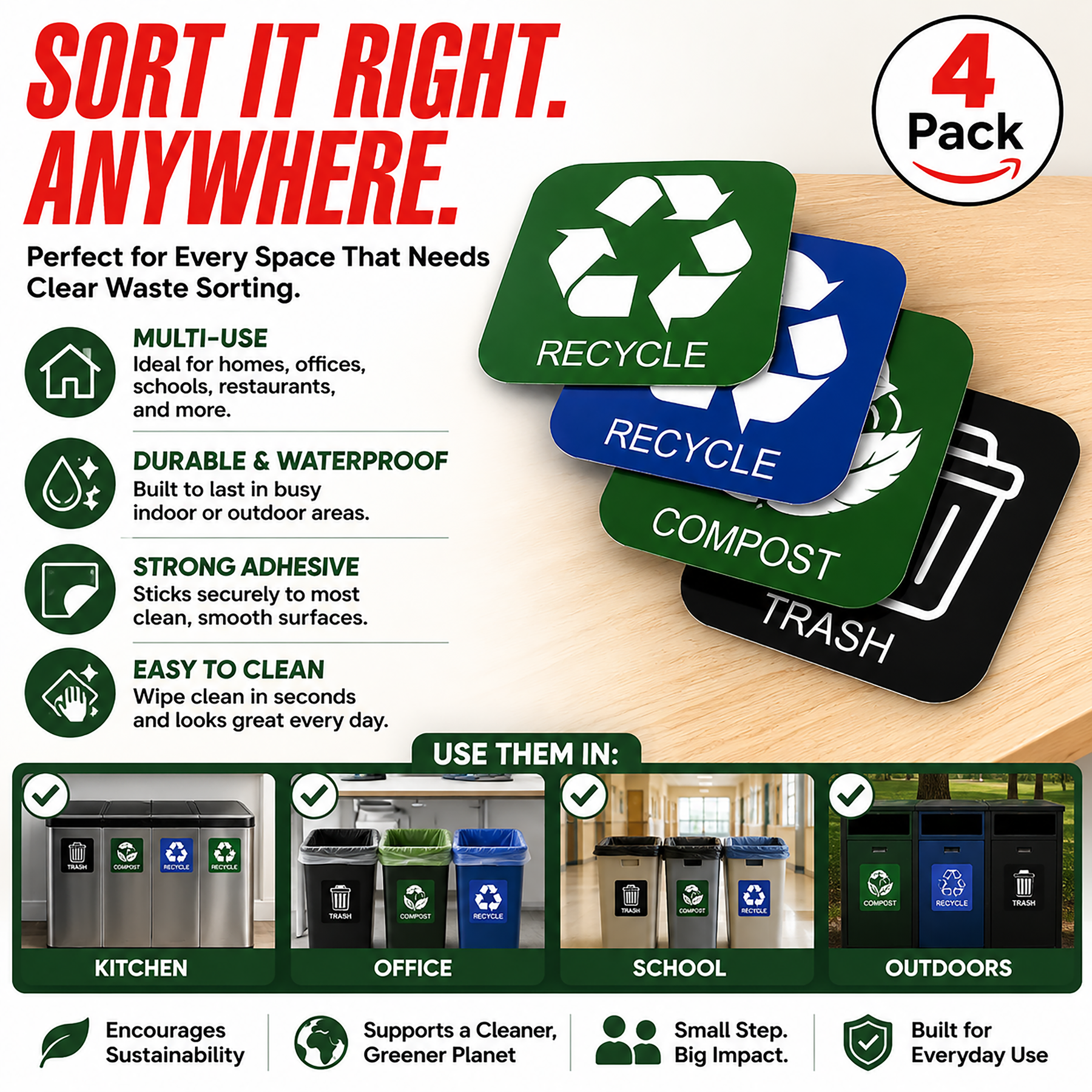 Trash Compost Recycle Vinyl Decal Stickers, 3.5" x 3.5", Pack of 4