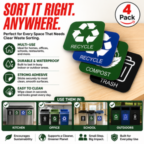 Trash Compost Recycle Vinyl Decal Stickers, 3.5" x 3.5", Pack of 4