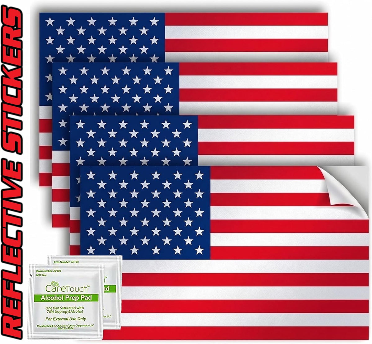 USA Flag Stickers Pack of 4 - 4" x 2.5" Vinyl Reflective Patriotic Decals