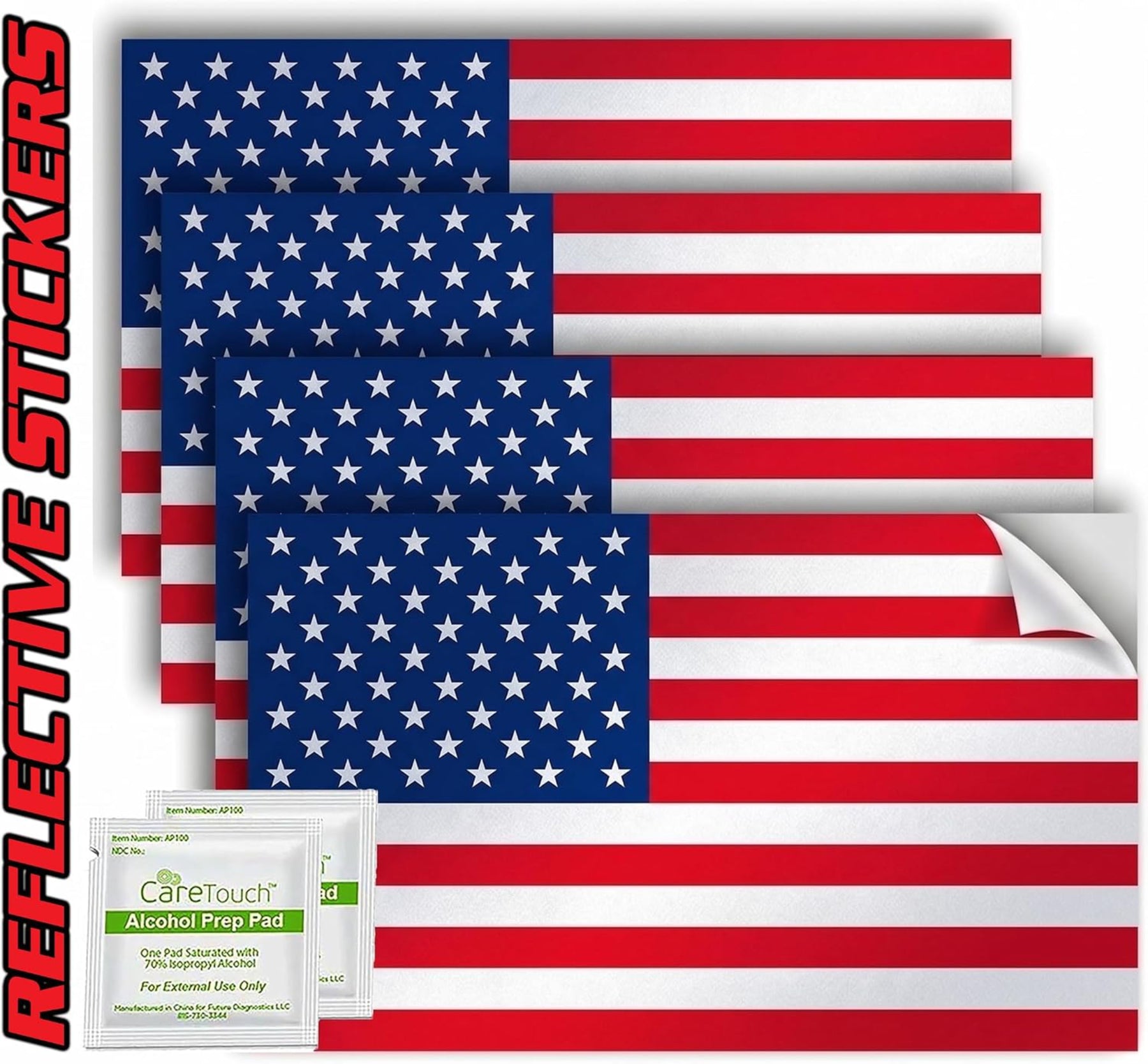 USA Flag Stickers Pack of 4 - 4" x 2.5" Vinyl Reflective Patriotic Decals