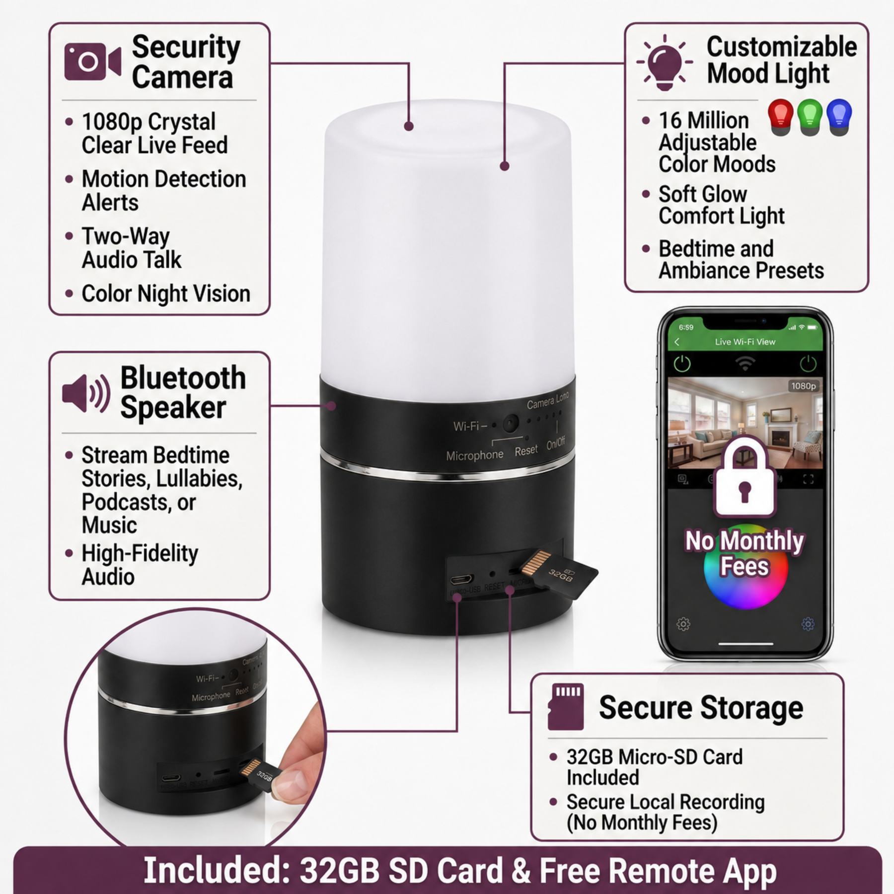 WiFi Hidden Camera Lamp - 1080P, 330° Lens, Night Vision