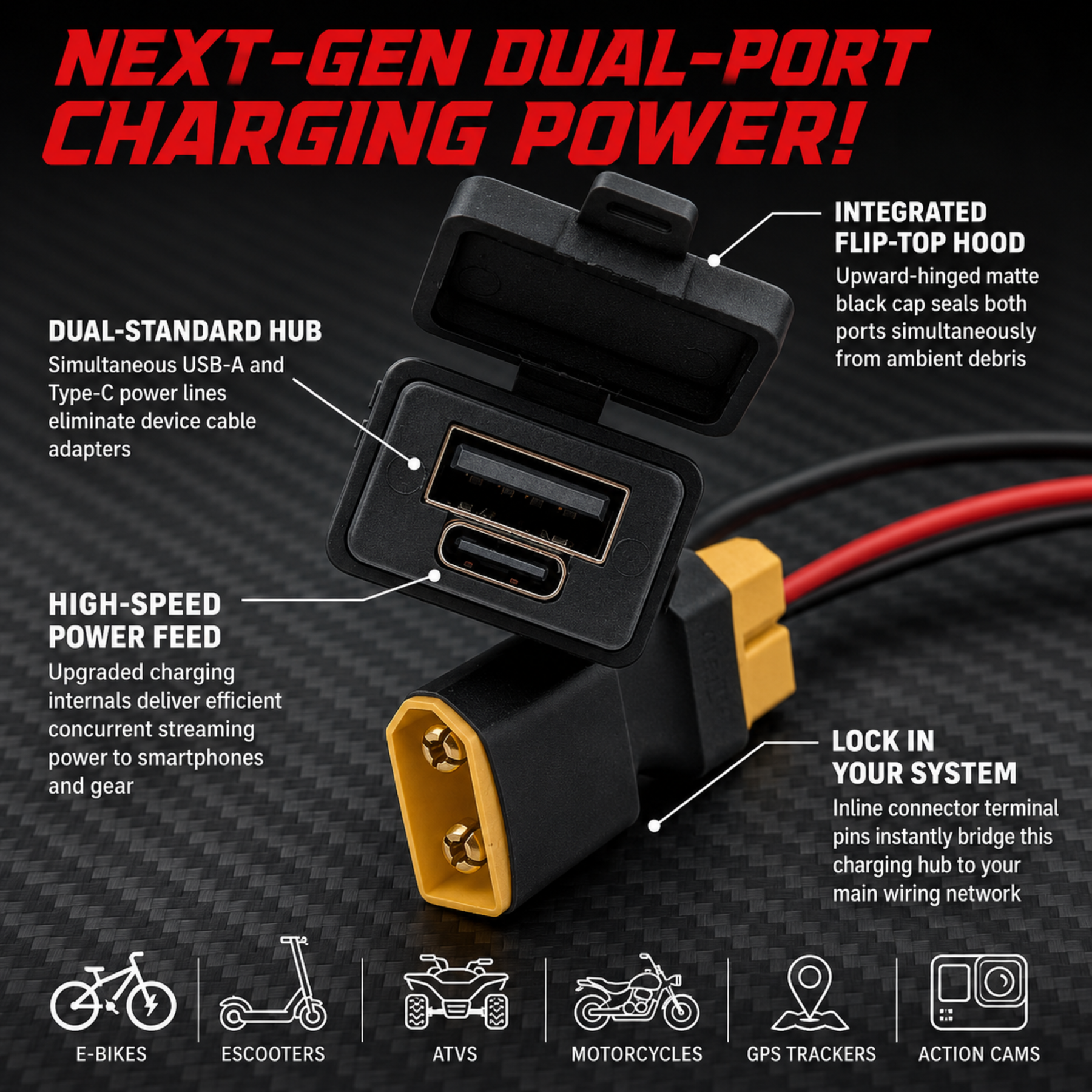 XT60 USB Charging Adapter for E-Bike & Scooter, Dual Port