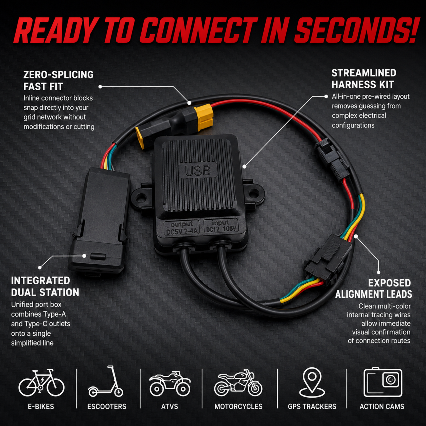 XT60 USB Charging Adapter for E-Bike & Scooter, Dual Port