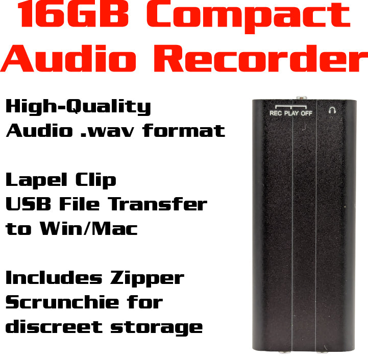 16 GB Compact Audio Recorder with Metal Body, Clip, and Discreet Storage