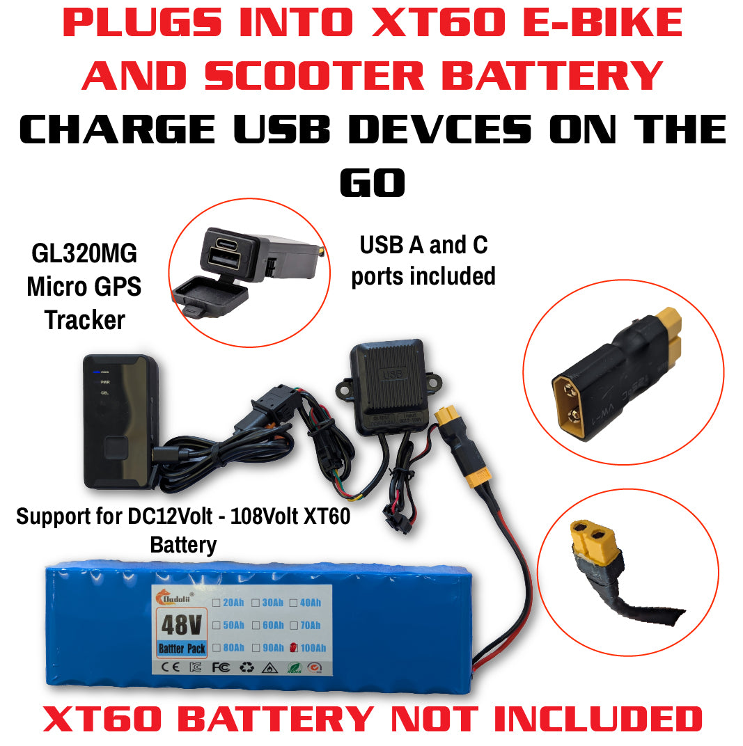 Spy Spot XT60 to USB-A & USB-C Power Adapter – Dual Port Charger for E-Bikes & Scooters | Connects to XT60 Battery for Phone, GPS, Camera Charging