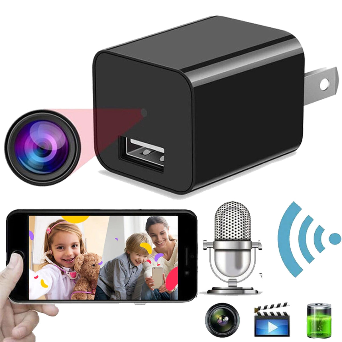 Wall Charger with Camera -USB Charger WiFi Camera Wall Plug iOS or Android