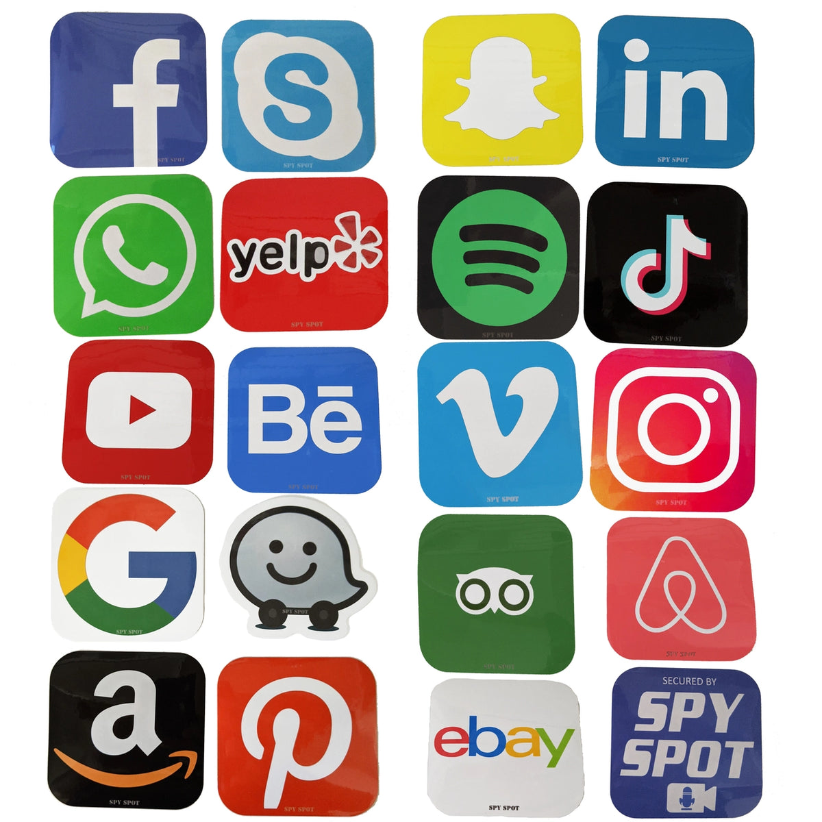Spy Spot Set of 19 Social Media Video Travel Messaging Business Music Stickers Decals Water Resistant UV Resistant 3.35" x 3.35"