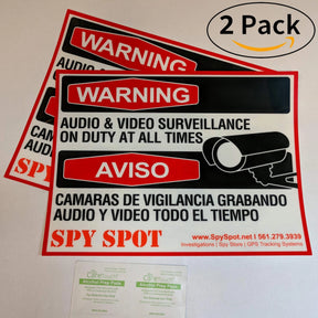 2 Pack Large 9.3" x 7" Audio & Video Surveillance Stickers Vinyl Weatherproof CCTV English and Spanish Decals