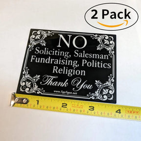 2 Pack of No Soliciting Vinyl Decal Stickers 4" x 3" Indoor and Outdoor Use UV Stable Home and Business Sticker
