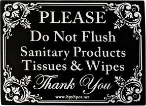 Spy Spot | "Please Do Not Flush Sanitary Products Tissues & Wipes" Vinyl Decal Sticker | Pack of 2 | Indoor and Outdoor Use | 4" x 3"